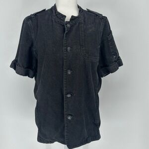 denim utility jacket short sleeve black mandarin collar utility style women S